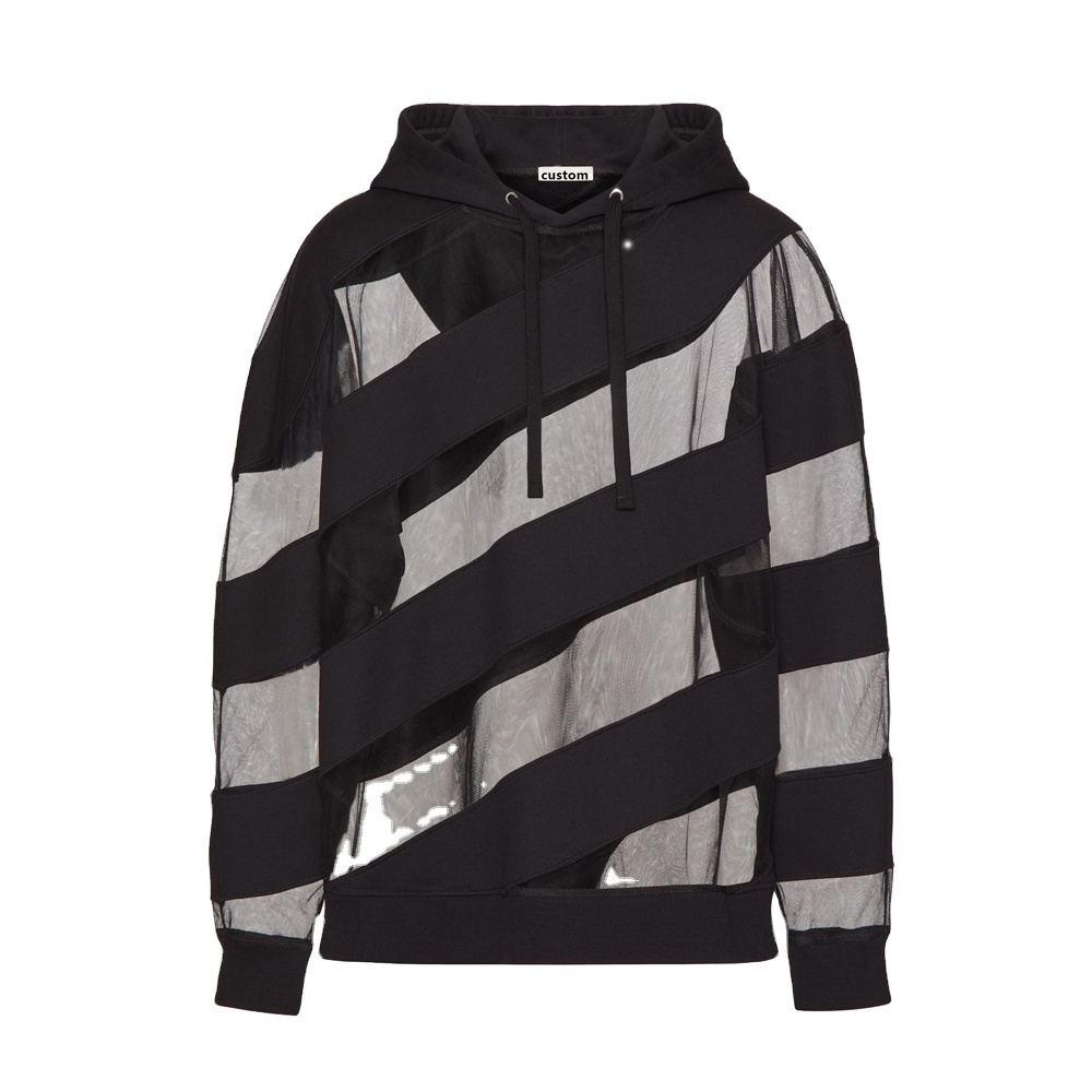 Wholesale custom fashion high quality pullover hoodie black white striped cotton hoodie with mesh sexy men hoodies