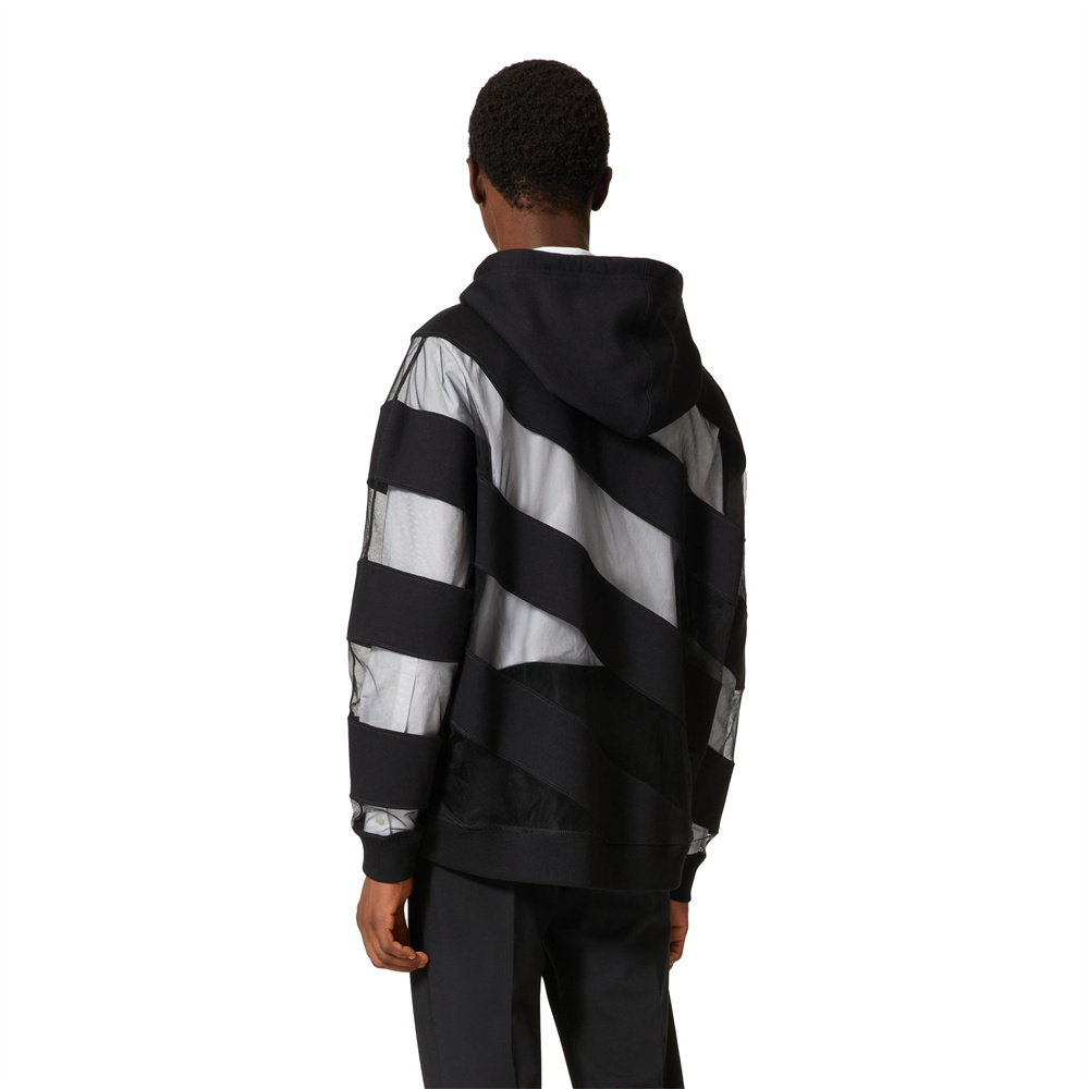 Wholesale custom fashion high quality pullover hoodie black white striped cotton hoodie with mesh sexy men hoodies