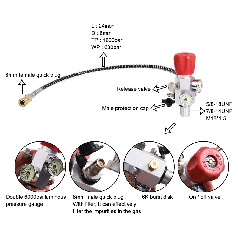 M18x1.5 PCP Tank Dual Gauge Charging Valve Refill Adapter Air Fill Station with Gauge for Paintball Cylinder Scuba Tank