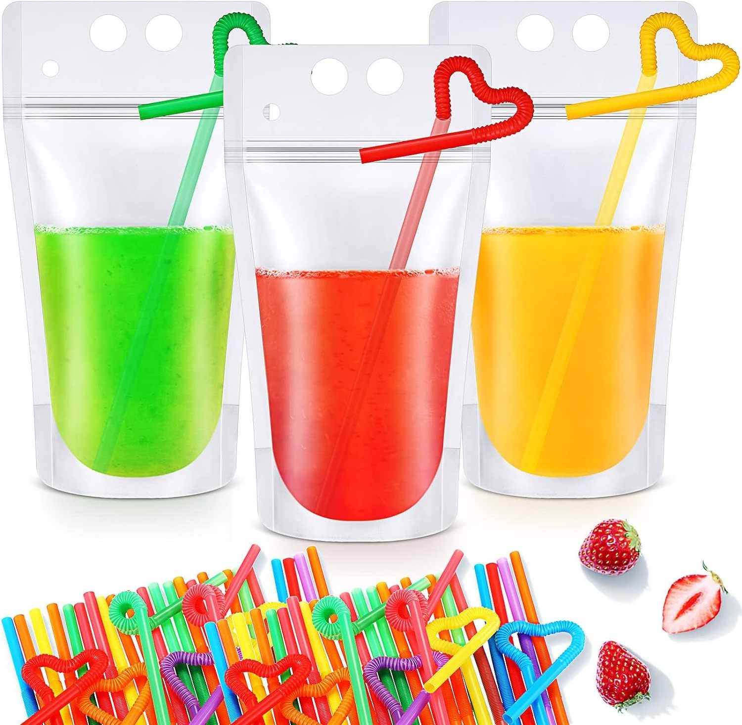 16 oz 500ml Drink Pouches for Adults with Straws Reclosable Stand up Juice Pouches Translucent Plastic Smoothie Drink Bags