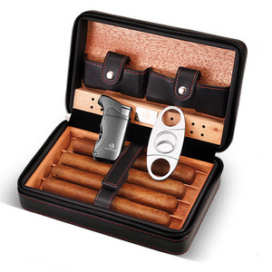 Custom Logo PU Leather Cedar Wood Travel Cigar Humidor Case bag With Lighter Cutter And Pipette