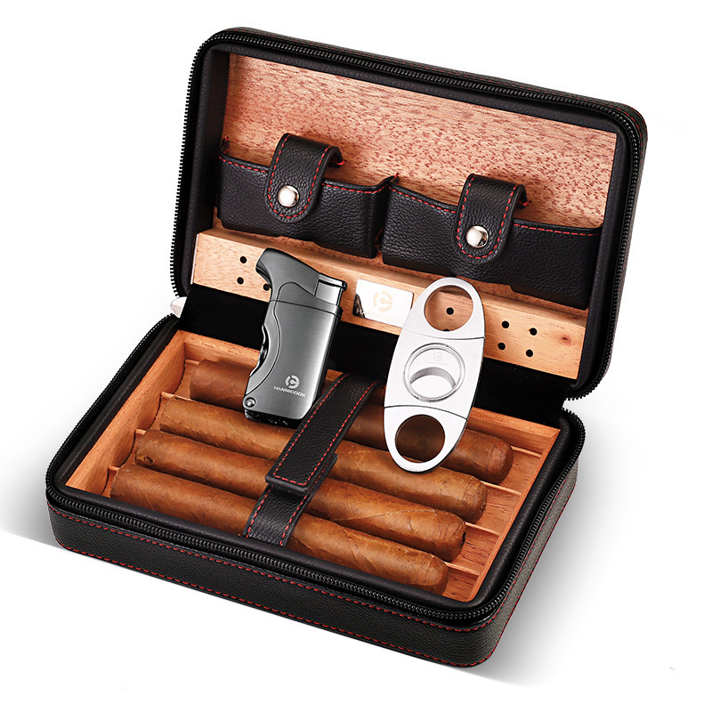 Personalised Wood Pu Leather Customized Cigar Humidors Travel Cigar Case With Logo Lighter And Cutter