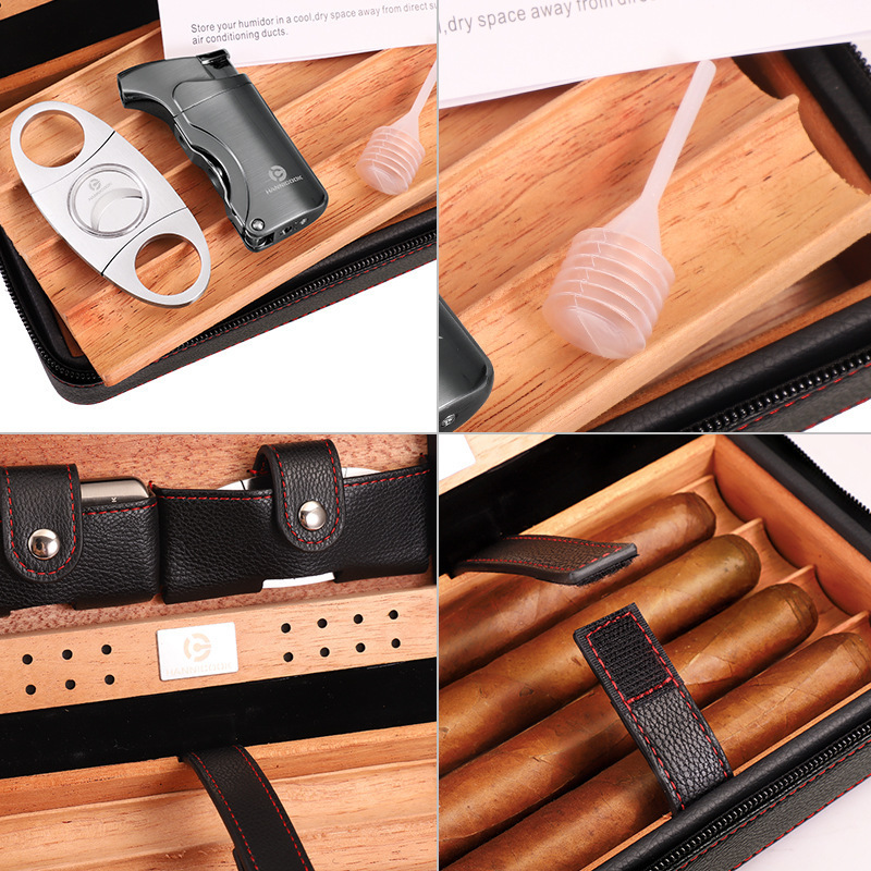 Custom Logo PU Leather Cedar Wood Travel Cigar Humidor Case bag With Lighter Cutter And Pipette