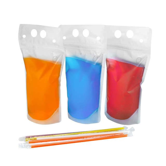 16 oz 500ml Drink Pouches for Adults with Straws Reclosable Stand up Juice Pouches Translucent Plastic Smoothie Drink Bags