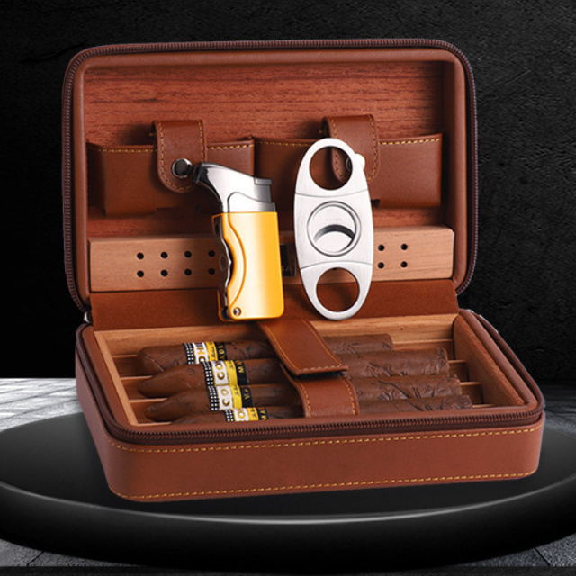 Wholesale Classic Leather Cigar Case with Cedar Wood Lined Portable Cigar Travel Humidor Bag With Pipette