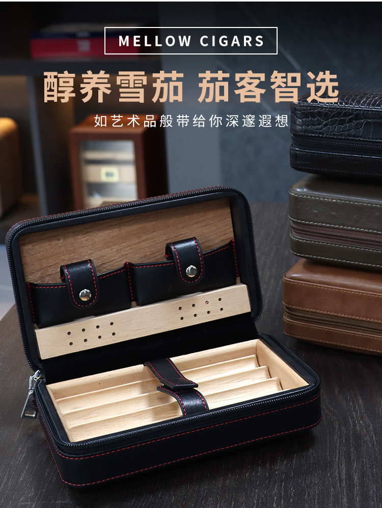 Custom Logo PU Leather Cedar Wood Travel Cigar Humidor Case bag With Lighter Cutter And Pipette