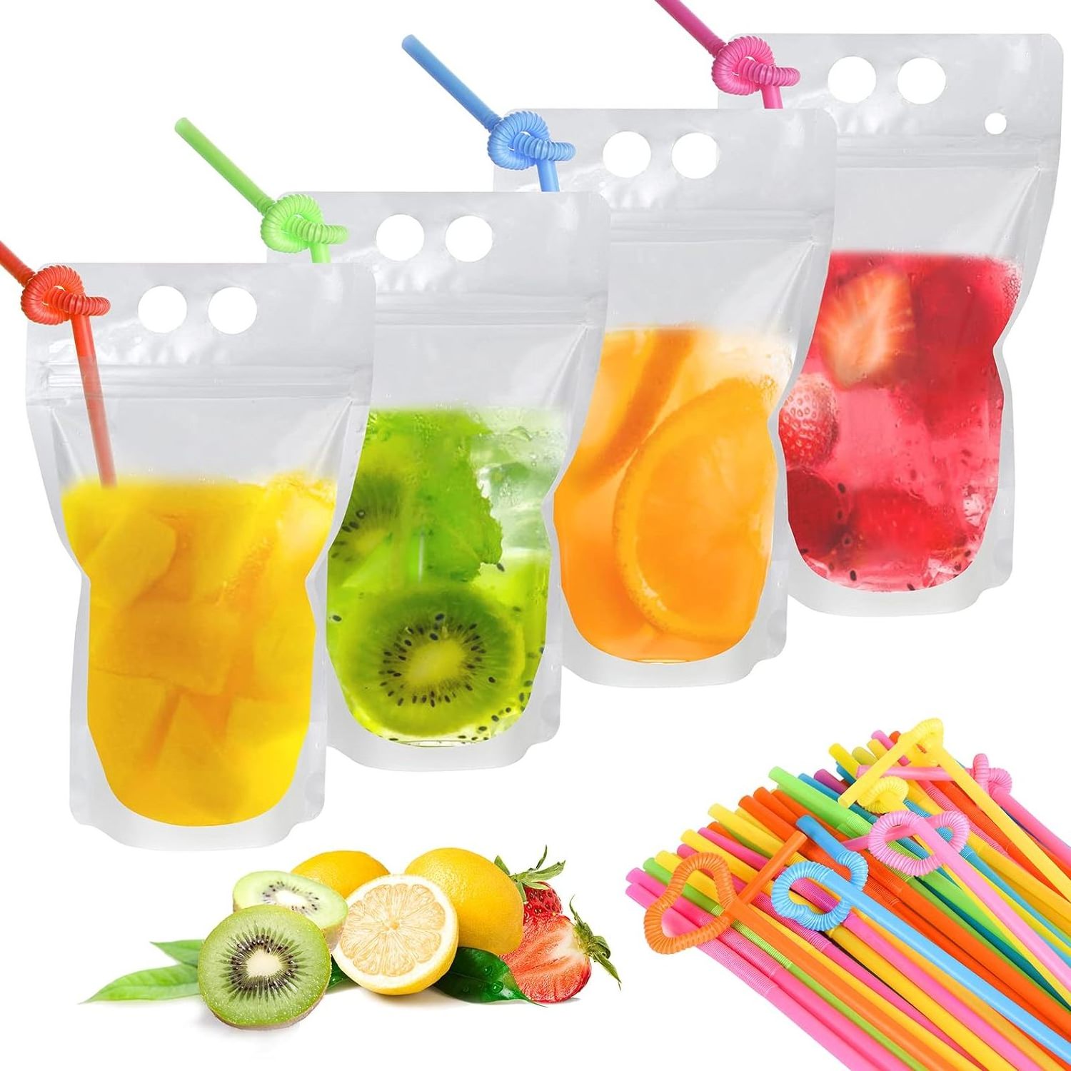 16 oz 500ml Drink Pouches for Adults with Straws Reclosable Stand up Juice Pouches Translucent Plastic Smoothie Drink Bags