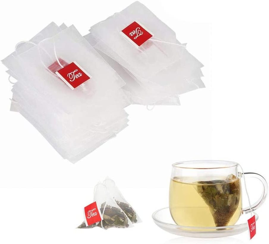 Disposable Triangle Nylon Tea Infuser Bag Nylon Mesh Pyramid Tea Filtering Bags Custom Logo Nylon Teabags with Tag Drawstring