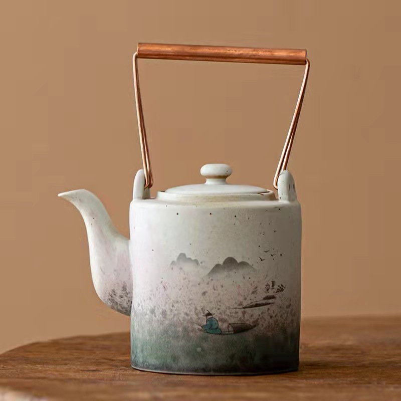 Ceramic Teapot with Strainer and Metal Handle Retro Pottery Blooming and Loose Leaf Teapot 320ml Stoneware Tea Pots