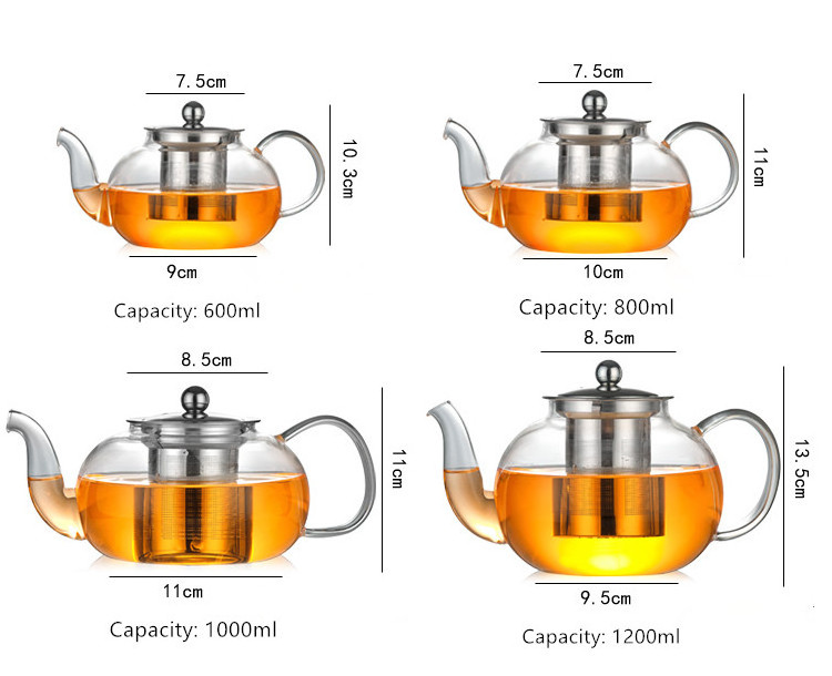 600ml 800ml 1000ml clear borosilicate glass tea pot set heat resistant flowers tea and coffee pot glass with removable infuser