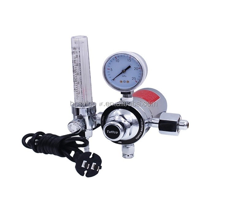 CO2 electrically heated pressure regulator with flowmeter