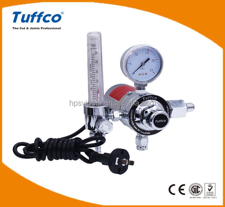 CO2 electrically heated pressure regulator with flowmeter