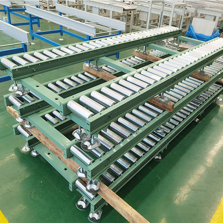 Double row gravity roller conveyor for pallet transfer