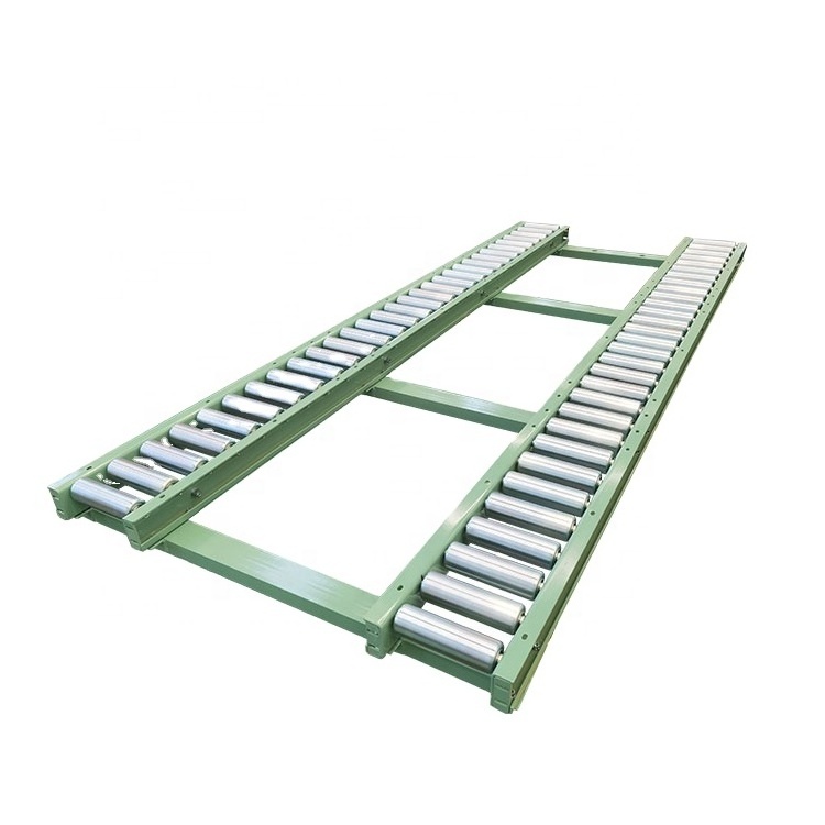 Double row gravity roller conveyor for pallet transfer