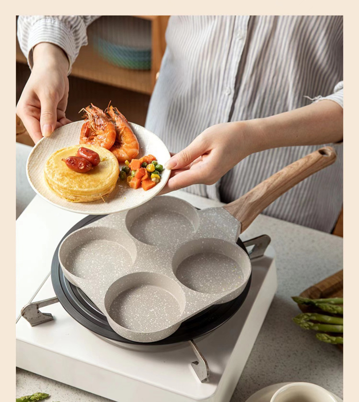 Cookware Omelette Pans Medical Stone Non-Stick Frying Pan 4 Cup Fried Egg Pan for Breakfast Gas Stove and Induction Cooker