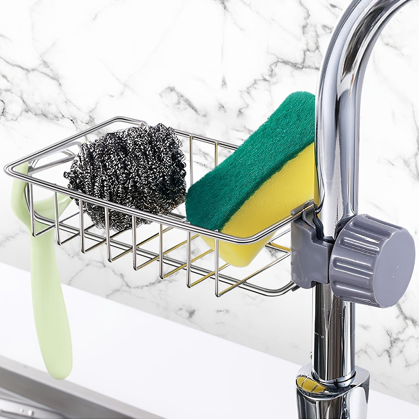 Kitchen Space Aluminum Sink Drain Rack Sponge Storage Faucet Holder Over Faucet Soap Drainer Shelf Basket Organize