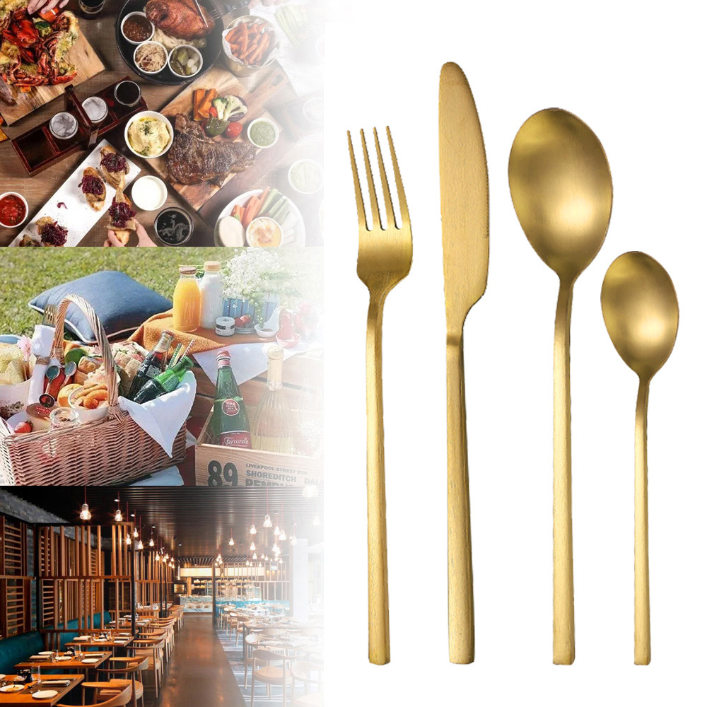 High Quality Outdoor Restaurant Bulk Matte Gold Color Handle  Knife Fork And Spoon Cutlery Set 18 10 Stainless Steel Flatware