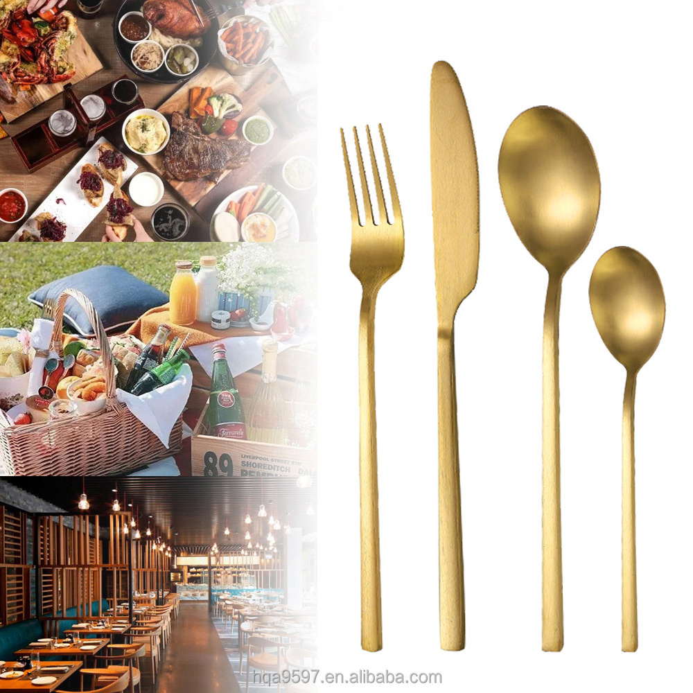 High Quality Outdoor Restaurant Bulk Matte Gold Color Handle  Knife Fork And Spoon Cutlery Set 18 10 Stainless Steel Flatware