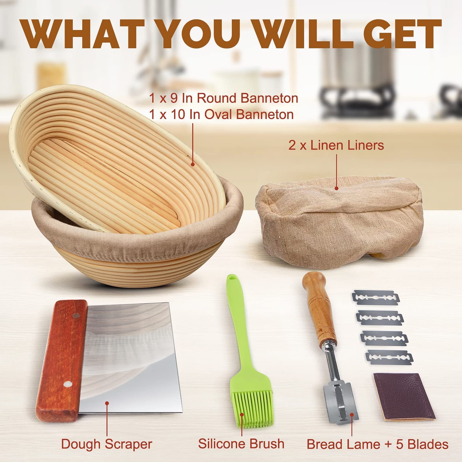 9 inch Round Oval Sourdough Bread Basket Set with Bread Bag, Dough Bowl Scraper, Bread Lame for Making Homemade Bread