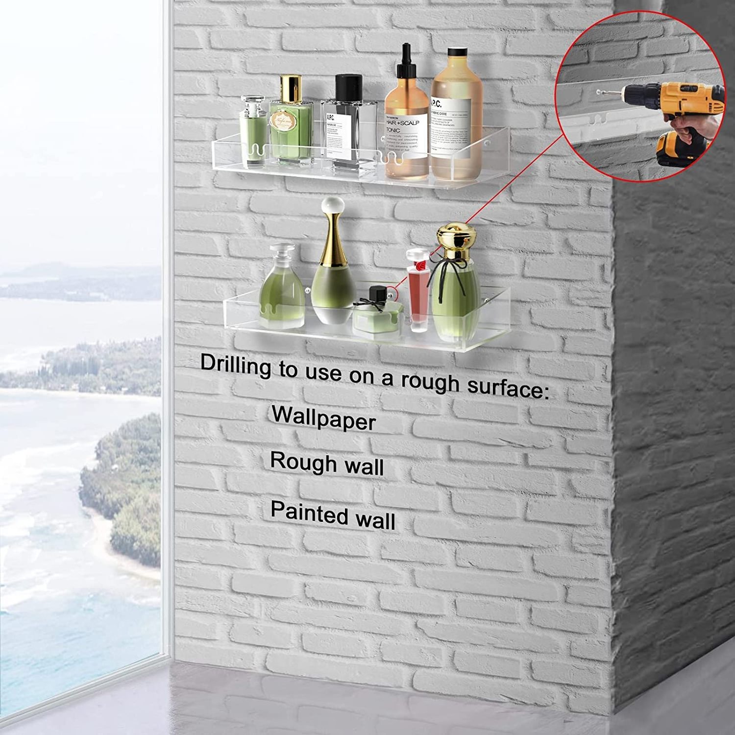 Acrylic Clear Shower Shelves Adhesive Bathroom Shower Caddy Organizer Clear No Drilling Wall Floating Shelves