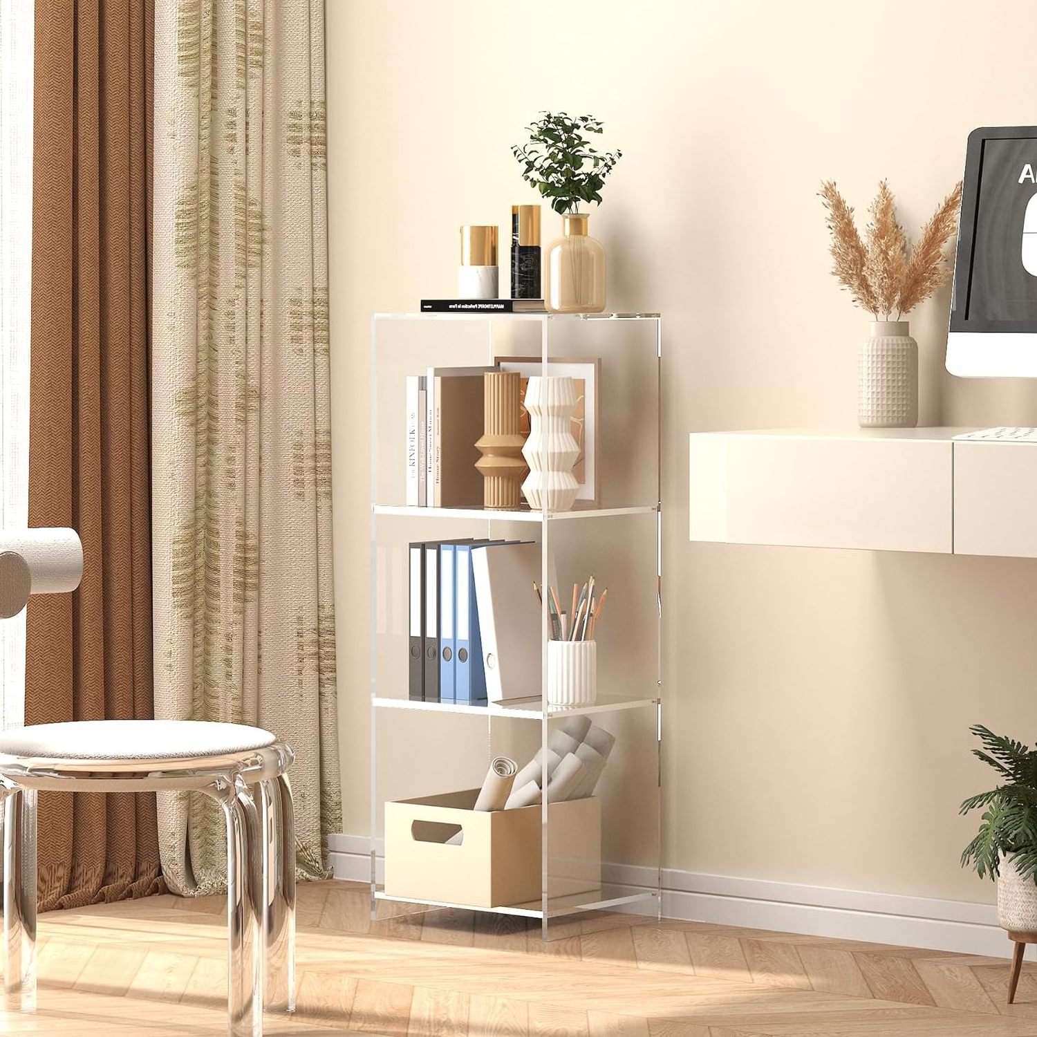 Acrylic Bookcase, 3 Tier Clear Floor Standing Bookshelf, 31.5 inch Tall Display Cube Storage Shelf Home Decor Furniture