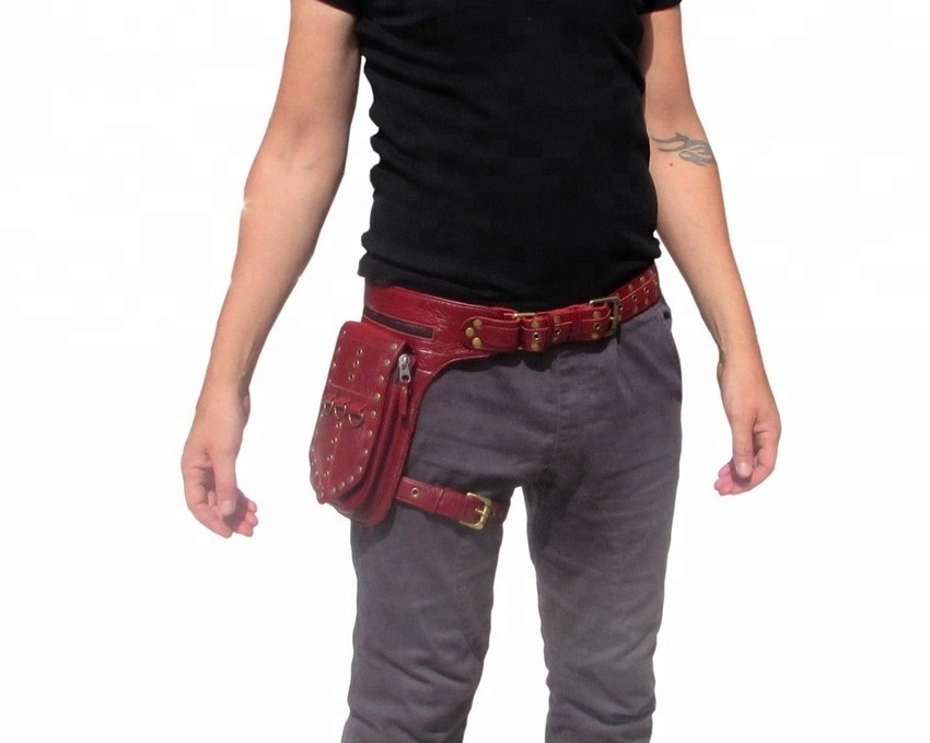 Red Leather Leg Holster Utility Belt Thigh Bag