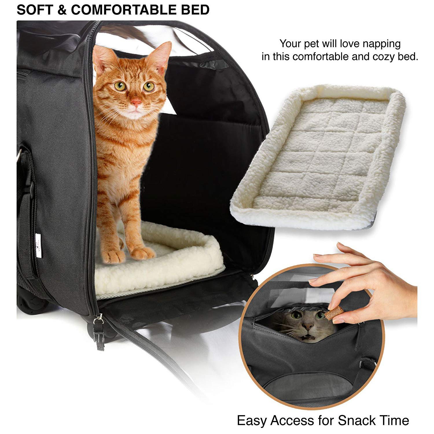 Removable Wheeled Pet Carrier Small Pets bags Plush Mats Soft-Sided Carriers with wheel For dogs