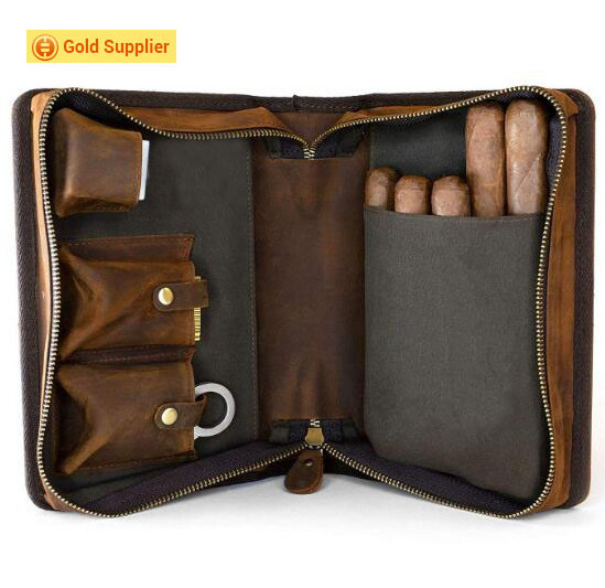 Grand Genuine Leather Portable Travel Cigar Case, Cigar Pouch Holds 8-10 Double Cigars Ideal for home use, travel, camping