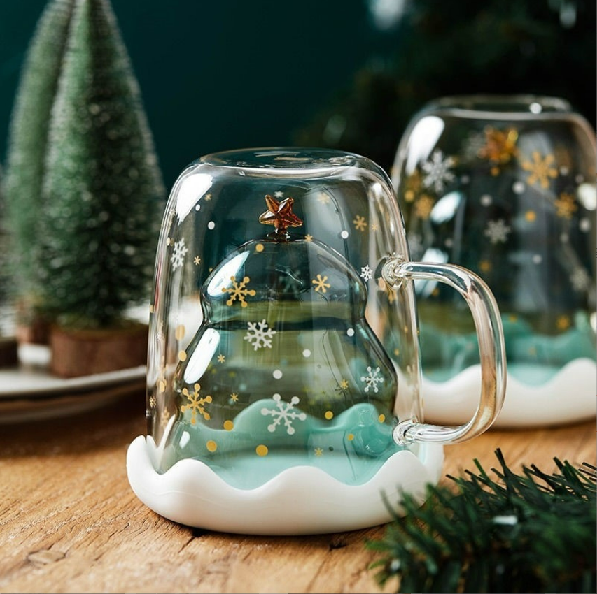 Wholesale 250ml gift Mug Christmas Wishing Christmas Tree Xmas Gift Double Wall Glass Cup Christmas mug