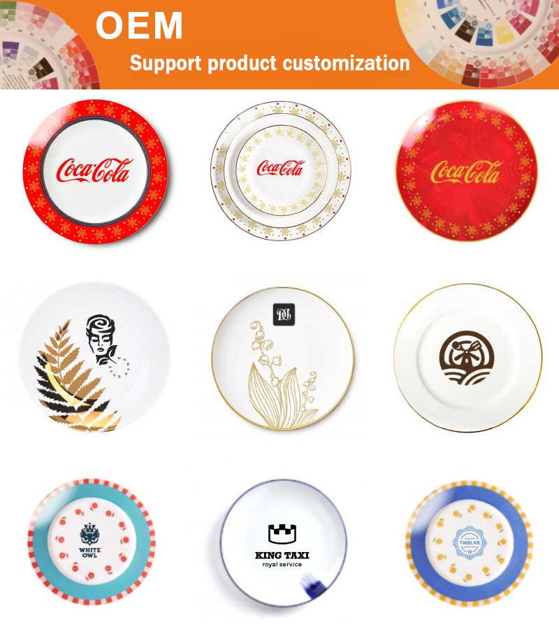 Custom Logo Printed White Porcelain Dinner Plates Round Flat And Dishes Ceramic Plates For Restaurants Cutlery Can Plato