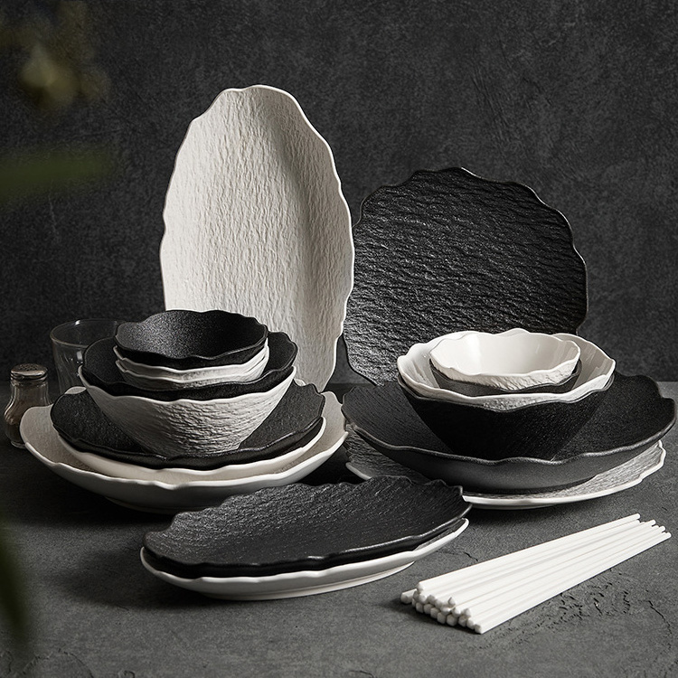 Luxury Unique Design Hotel Restaurant Irregular Dinner Tableware Black White Dinnerware Porcelain Bowl And Plate Set