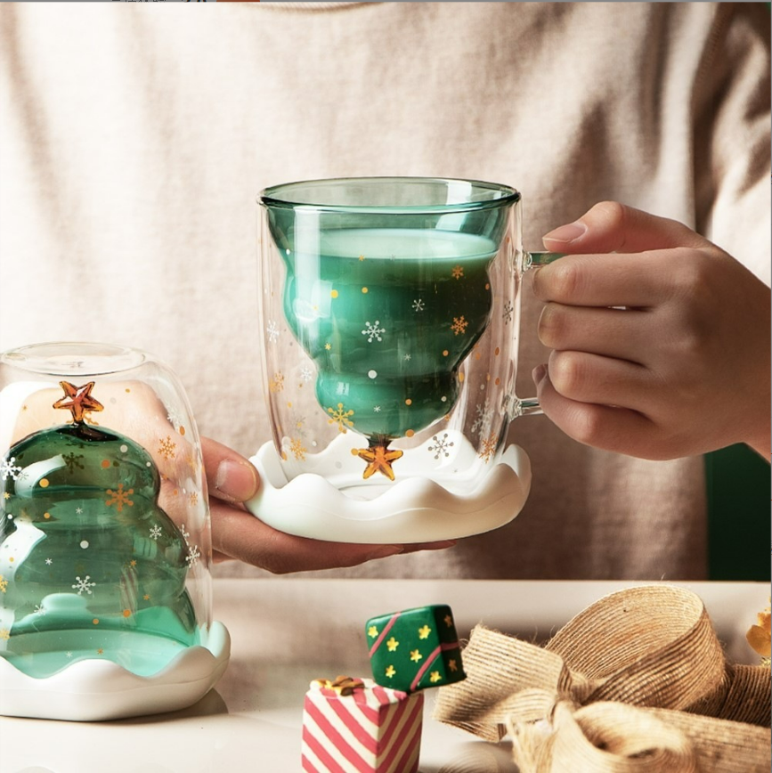 Wholesale 250ml gift Mug Christmas Wishing Christmas Tree Xmas Gift Double Wall Glass Cup Christmas mug