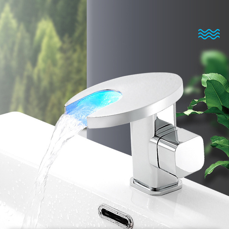 Smart Temperature Control Led Light 3 Color Bath Shower Bathroom Kitchen Accessories Sink Water Faucet With Waterfall Faucet