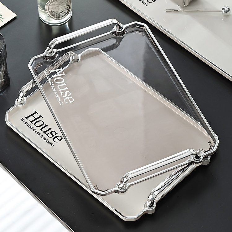 Luxury meal serving tray oval plastic 201 silver plated serving tray with handles wedding candy tray for restaurant