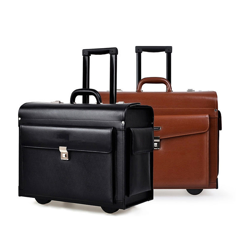 Black PU classic travel rolling pilot case with combination locks