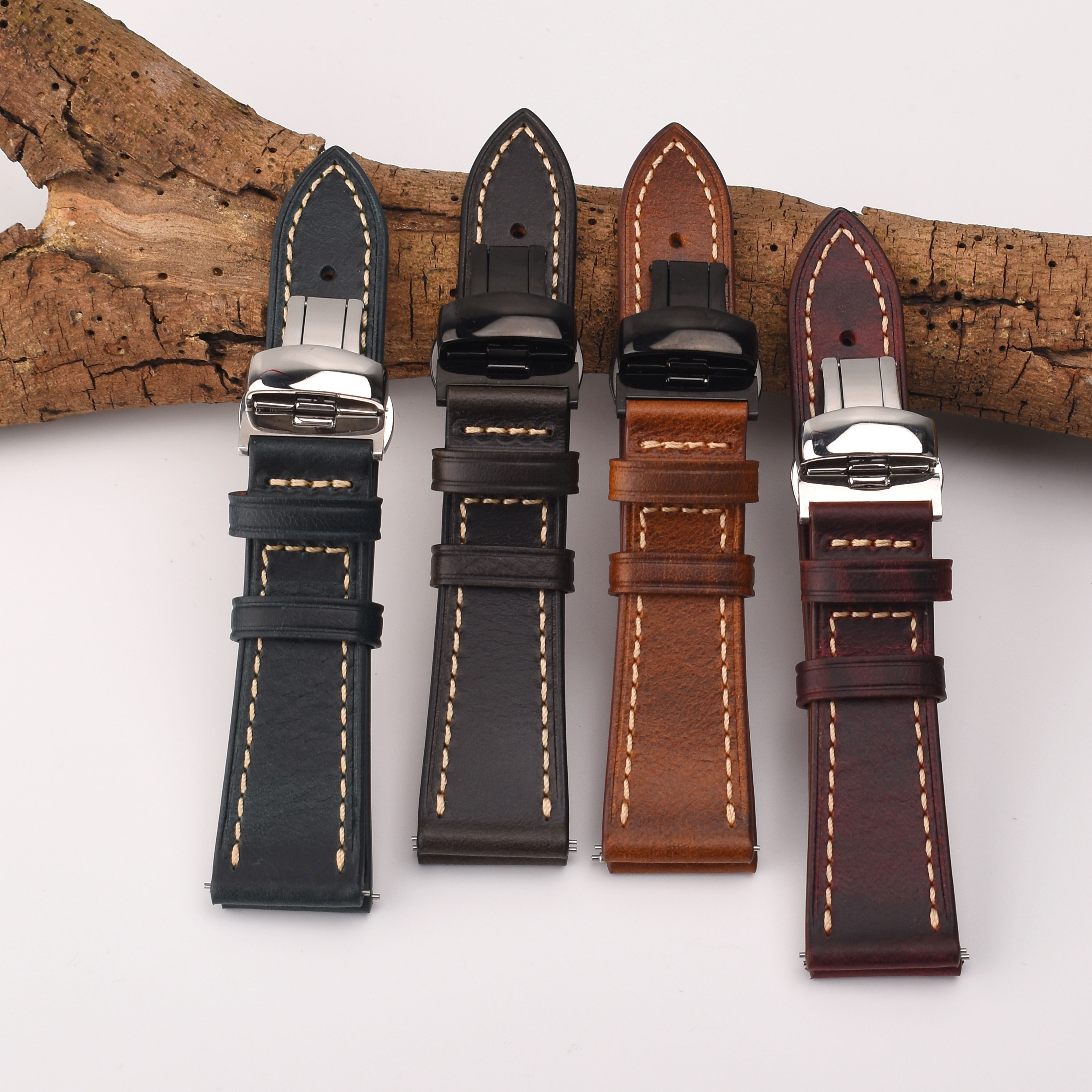 Heqi Vintage Calf Leather Replacement Strap with Butterfly Buckle 42mm 45mm Thin for apple watch strap leather