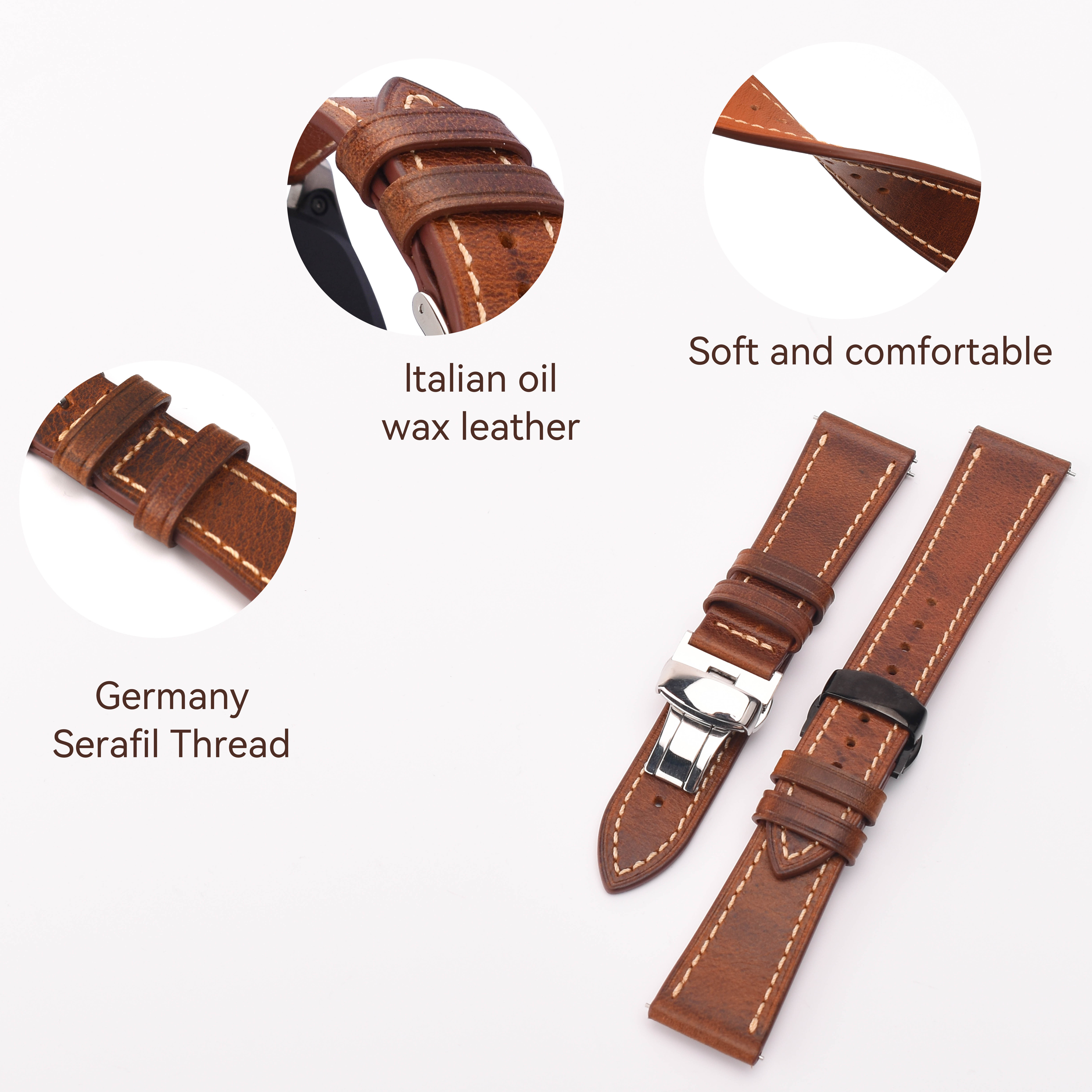 Heqi Vintage Calf Leather Replacement Strap with Butterfly Buckle 42mm 45mm Thin for apple watch strap leather