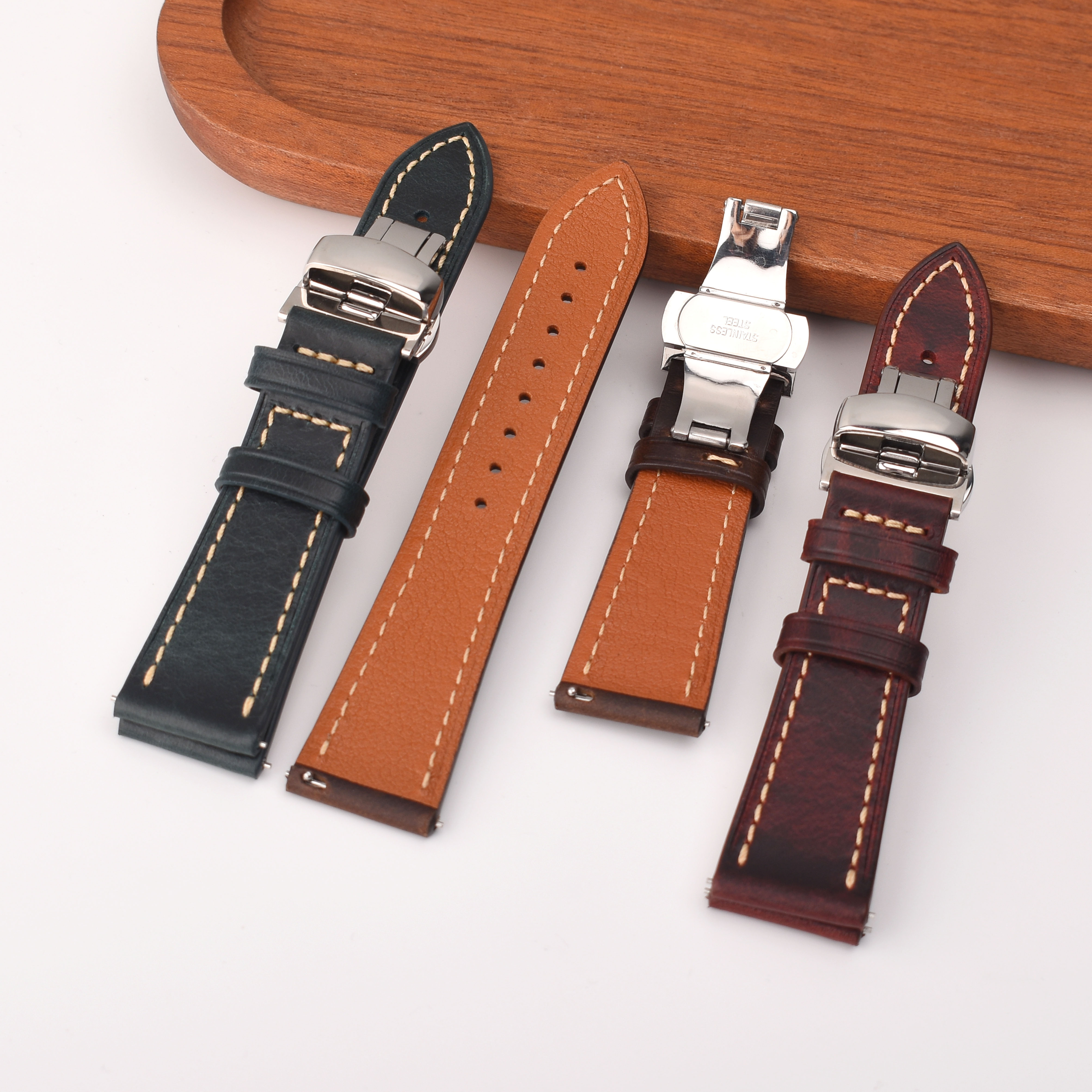 Heqi Vintage Calf Leather Replacement Strap with Butterfly Buckle 42mm 45mm Thin for apple watch strap leather