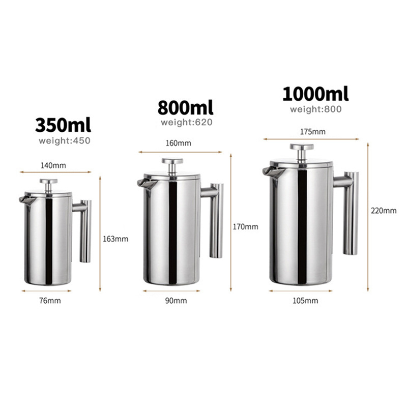 350ml 800ml 1000ml Custom Vacuum Coffee Plunger Metal Coffee Maker Double Wall Stainless Steel French Press Wholesale