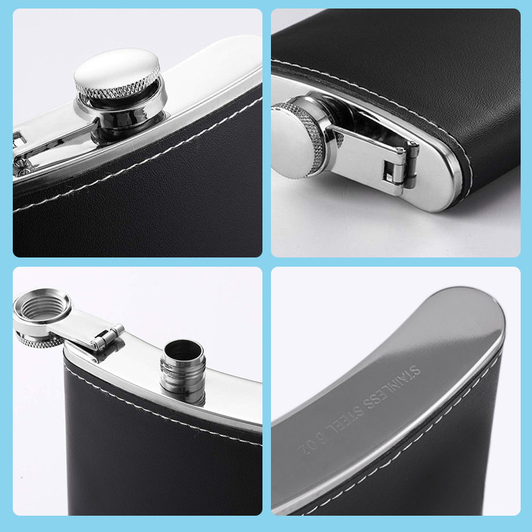 18/8 Stainless Steel 8oz Hip Flask Set Black Leather Covered Beverage Serving Set with 2 Cups & Funnel for Men