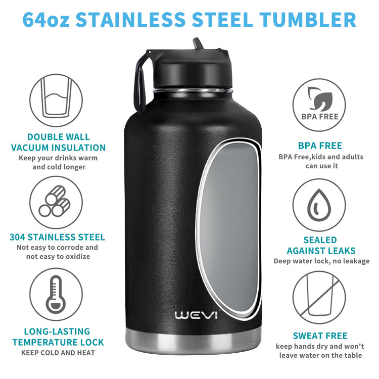 WeVi Custom 64 OZ Double Wall Insulated Stainless Steel Sports Water Bottle For Hiking Camping