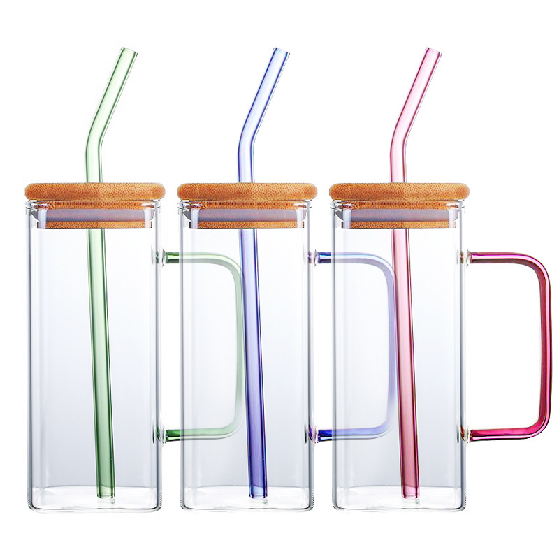 Manufacturer Glass Jars with Handle Reusable Travel Iced Coffee Smoothie Clear glass cup bamboo lids colorful tumbler with straw