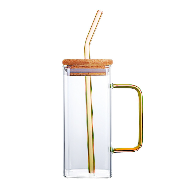 Manufacturer Glass Jars with Handle Reusable Travel Iced Coffee Smoothie Clear glass cup bamboo lids colorful tumbler with straw