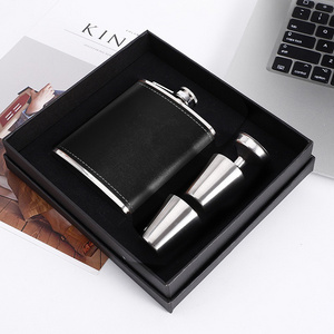 18/8 Stainless Steel 8oz Hip Flask Set Black Leather Covered Beverage Serving Set with 2 Cups & Funnel for Men