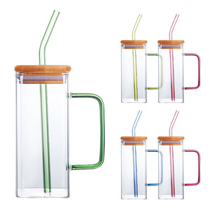 Manufacturer Glass Jars with Handle Reusable Travel Iced Coffee Smoothie Clear glass cup bamboo lids colorful tumbler with straw