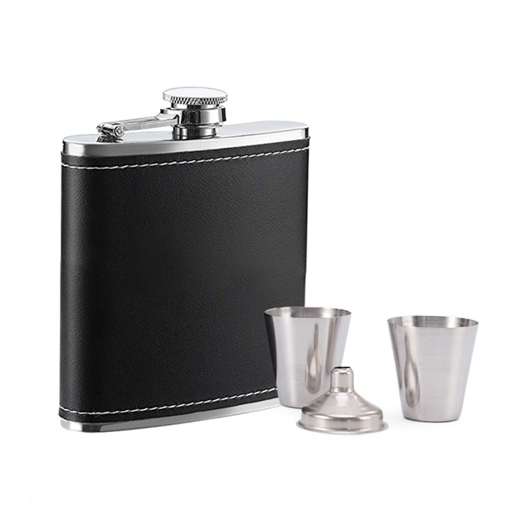 18/8 Stainless Steel 8oz Hip Flask Set Black Leather Covered Beverage Serving Set with 2 Cups & Funnel for Men