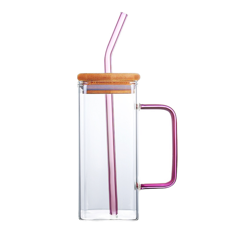 Manufacturer Glass Jars with Handle Reusable Travel Iced Coffee Smoothie Clear glass cup bamboo lids colorful tumbler with straw