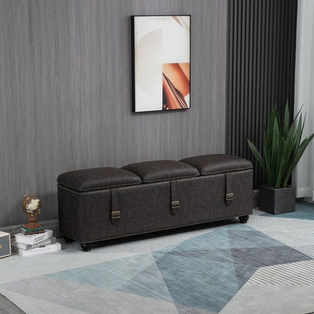 Manufacturer Custom Luxurious Brown PU Storage Side storage bench with wicker baskets Opening bench folding Door Ottoman Bench