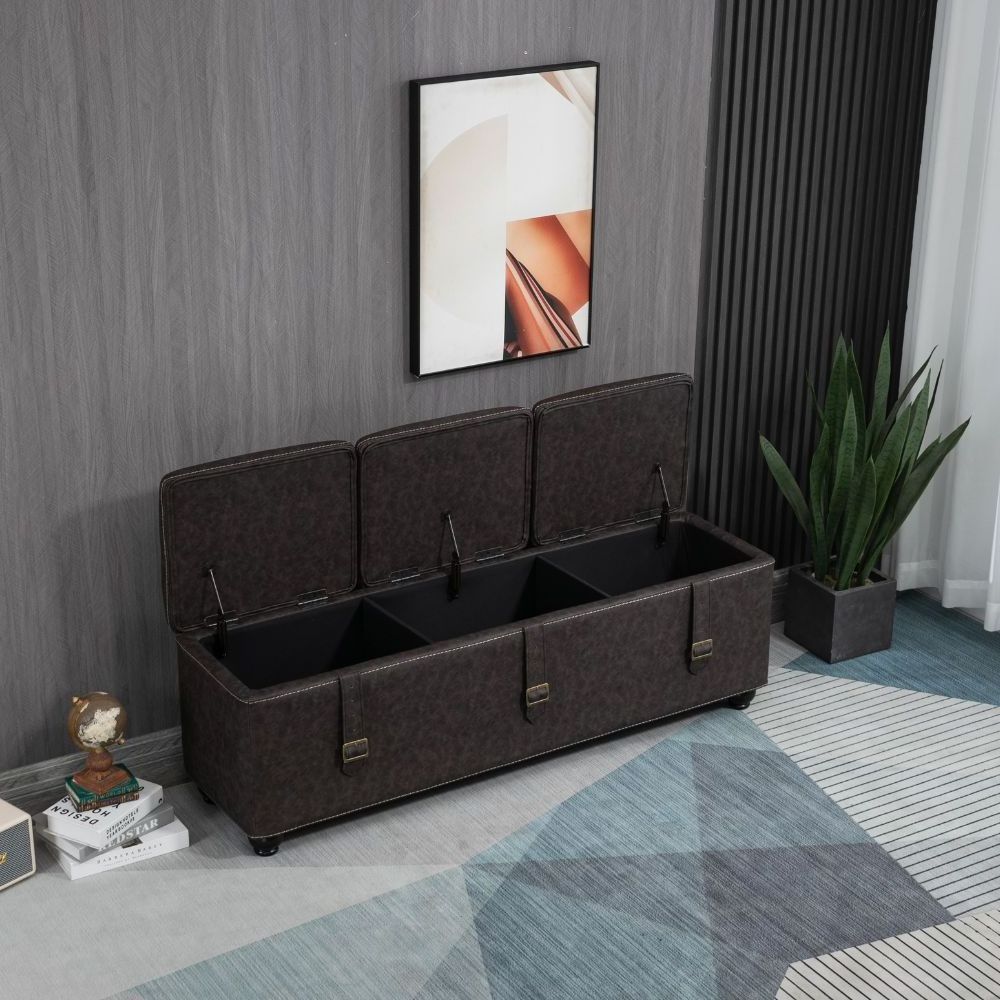 Manufacturer Custom Luxurious Brown PU Storage Side storage bench with wicker baskets Opening bench folding Door Ottoman Bench