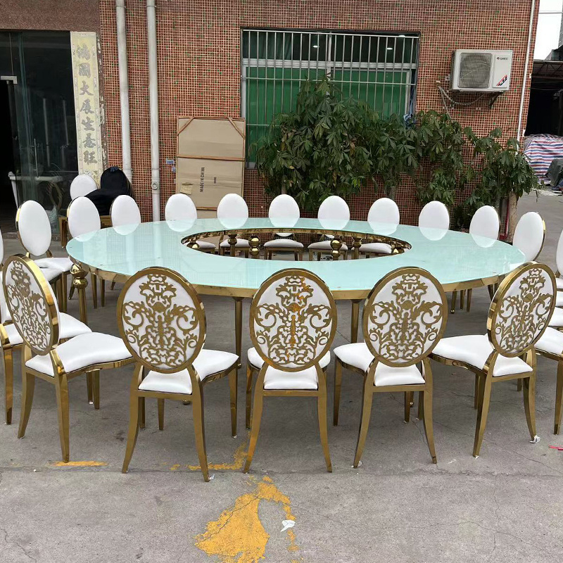 factory royal event decoration mdf moon table stainless steel gold mirror glass wedding serpentine table restaurant dining table